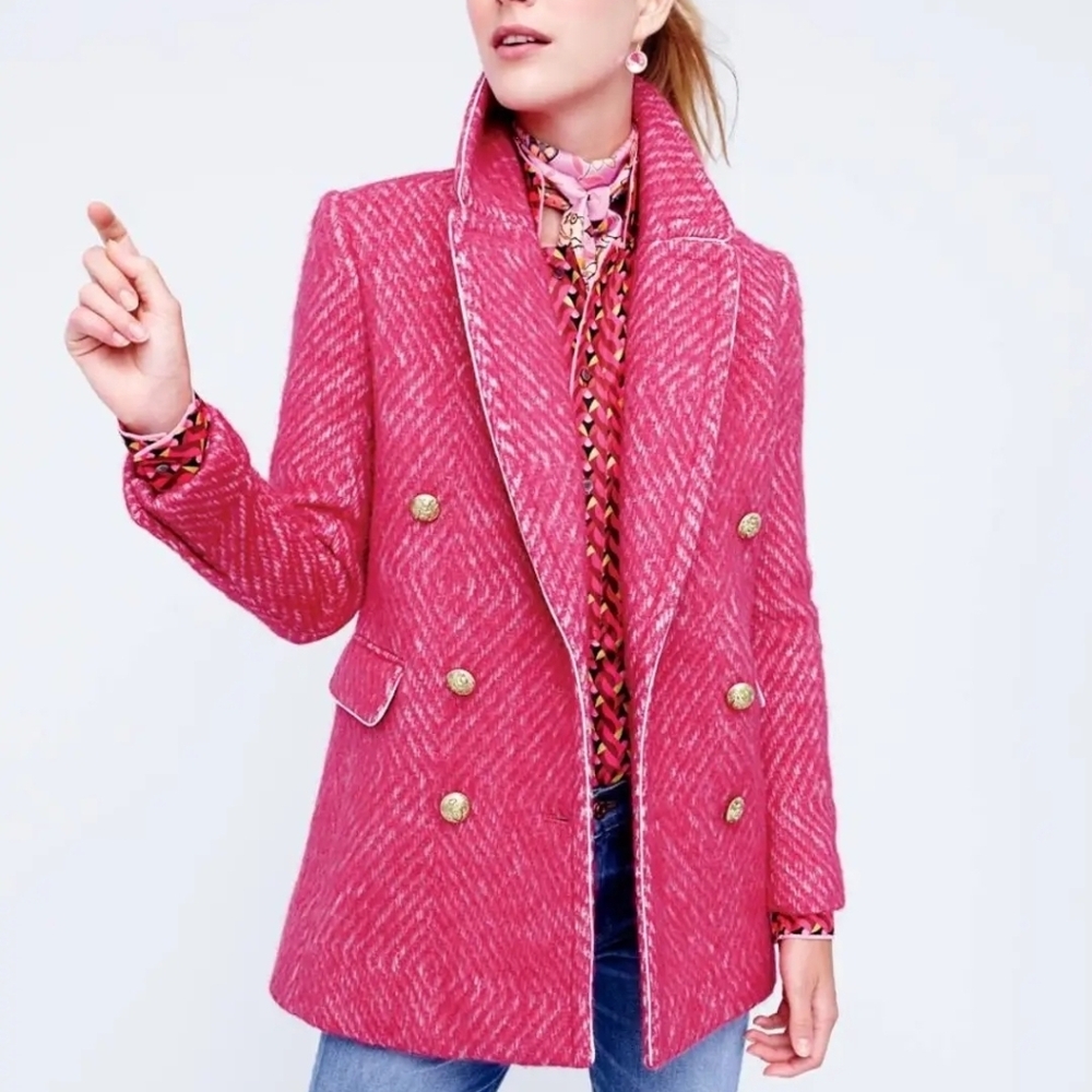 J. Crew Double-Breasted Fuchsia Wool Pea Coat with Gold Buttons